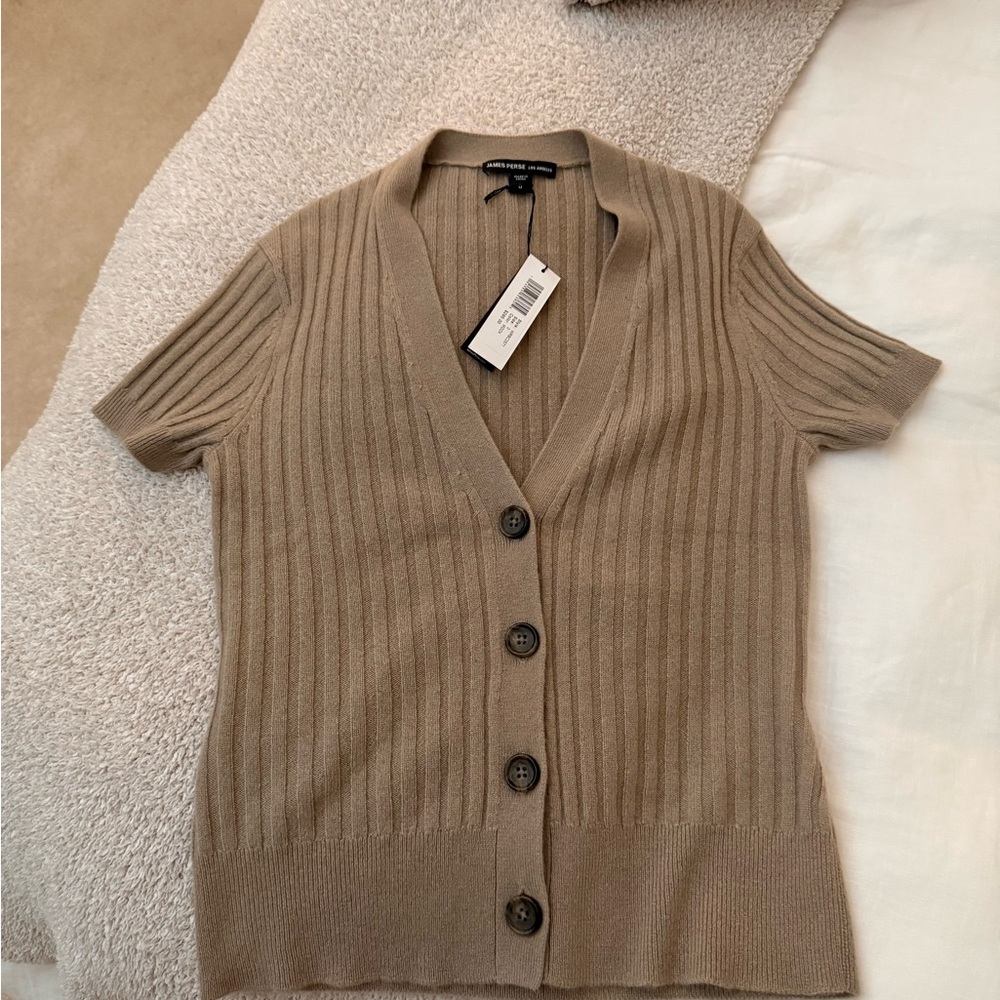 James Perse Cashmere Tan Ribbed Button-Up Cardigan